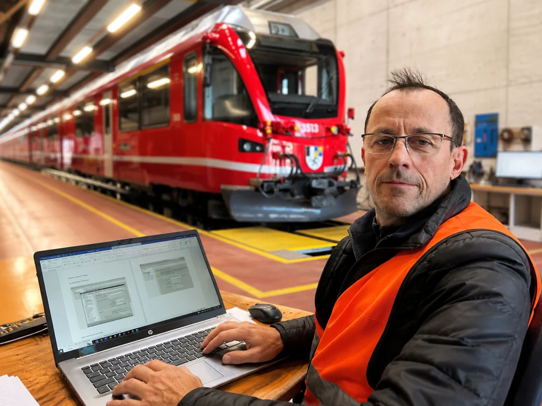 Softwareentwicklung und Inbetriebnahme mit einem Zug im Hintergrund